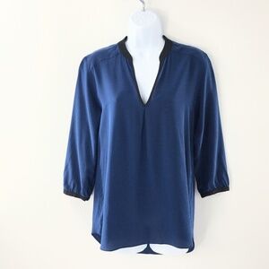 Amanda Uprichard Cusp Blouse Silk V Neck 3/4 Sleeves Blue Black Size XS